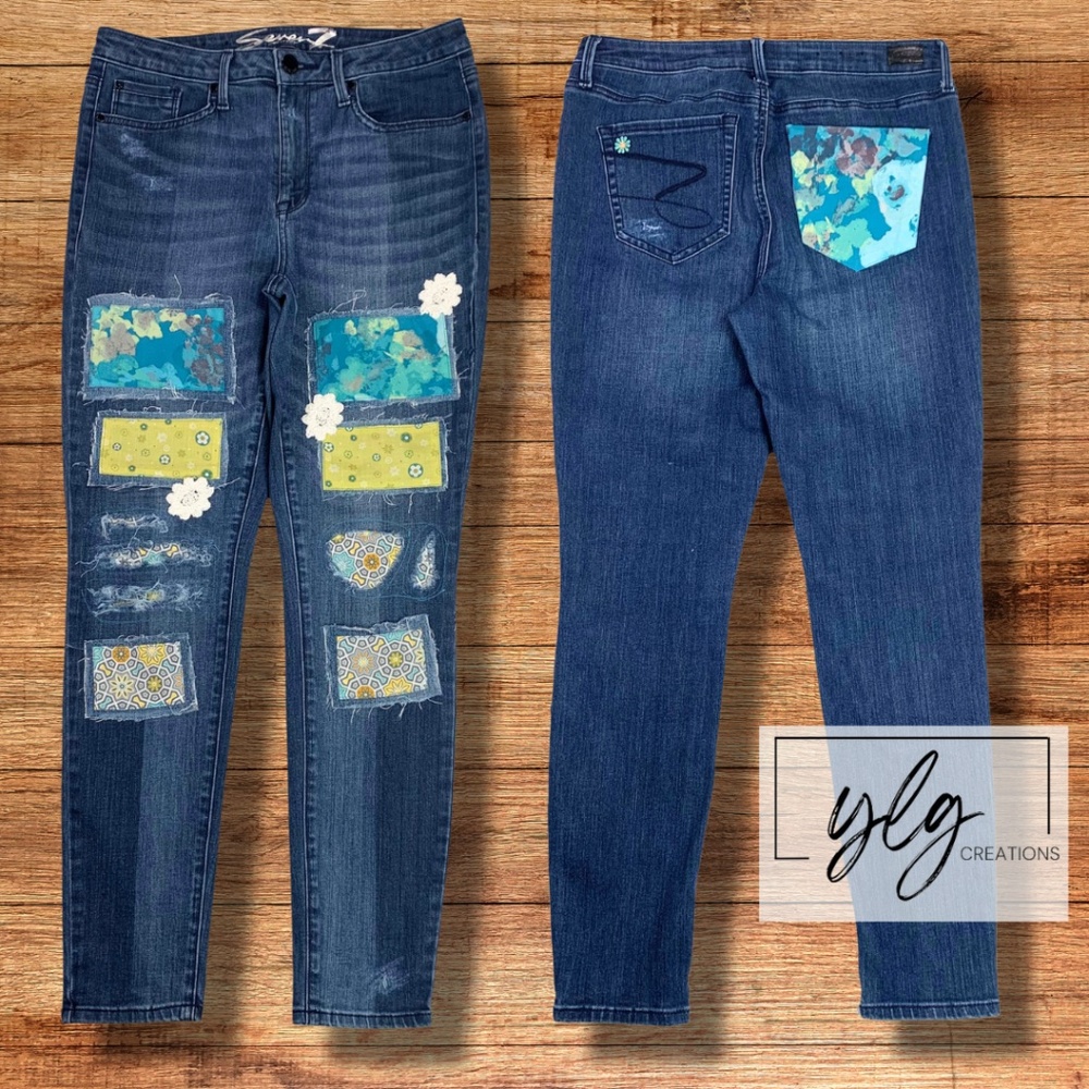 Seven7 Womens Skinny Jeans Aqua Blue Green Flower Patch Boho Charm Size 10
